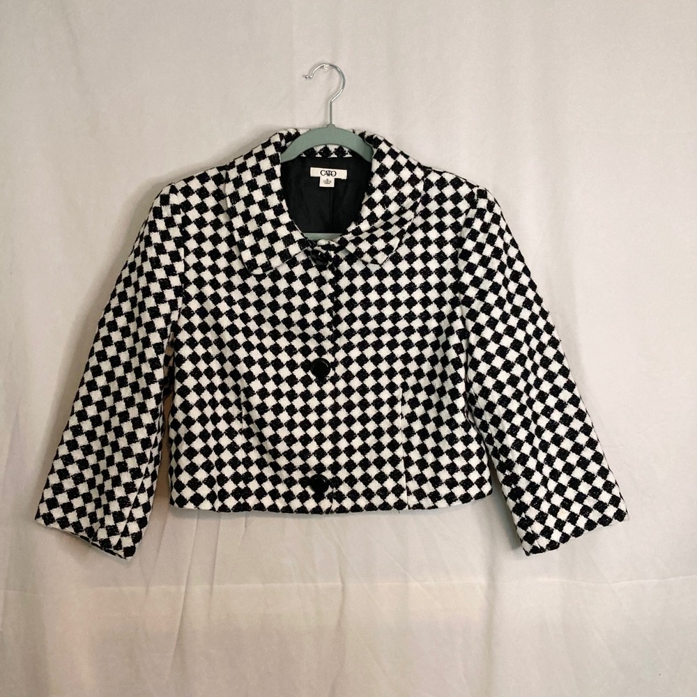 Black White Diamond Check Tweed Cropped Jacket Peter Pan Collar Cato 12 Retro